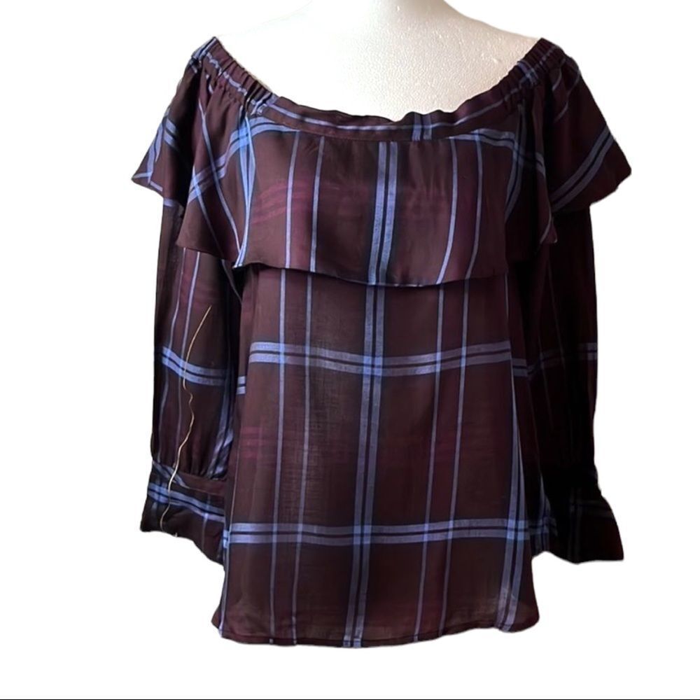 𝅺loft plaid brown and blue off shoulder top extra small petite draped collar